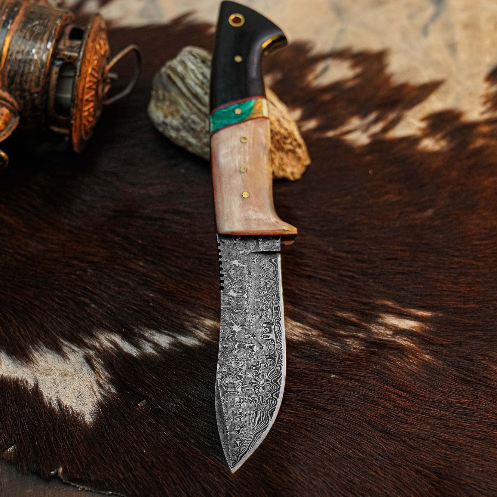 8.7″ Clip Point Knife Damascus Hunting EDC Full Tang Blade Hybrid Handle
