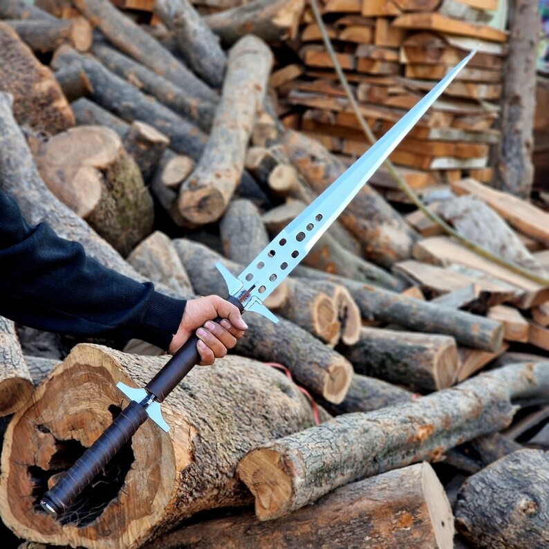 Handmade Fantasy Sword Double Hand Grip Leather Wrap Handle Perforated Blade