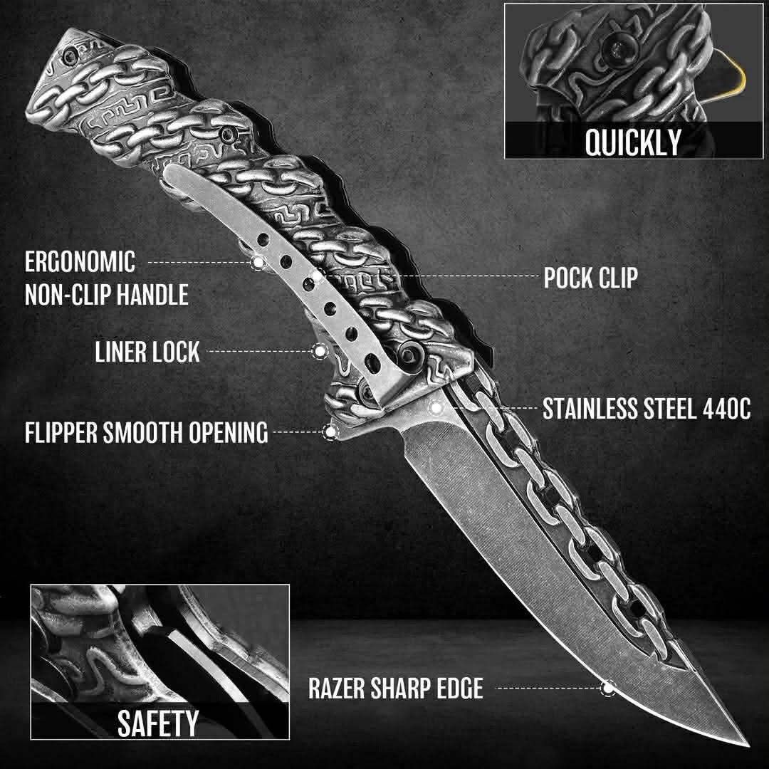 Chain Design Stainless Steel Handle Spring Assist Pocketknife Chain Unique Blade