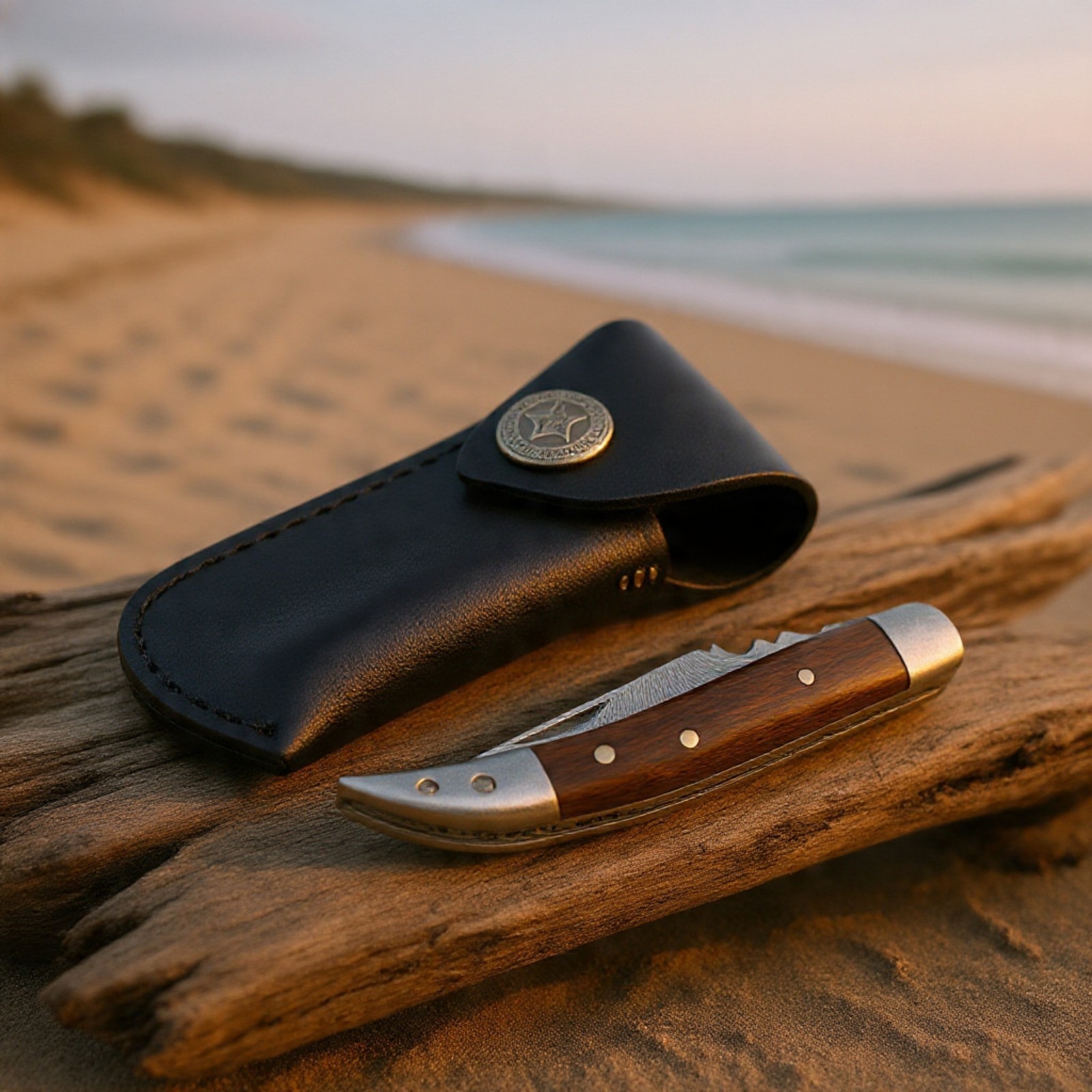 Damascus Steel EDC Folding Knife Wood Handle Toothpick Pocket Knife with Sheath