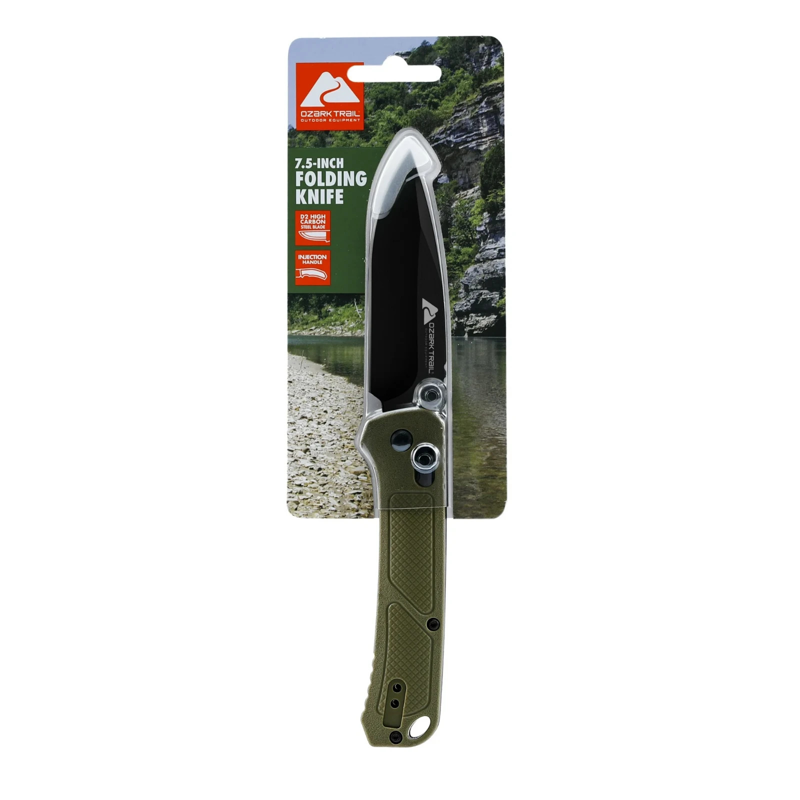 Ozark Trail 7.5 inch Folding Knife,D2 Blade,Ball Bearing,OD Green Handle, Slide