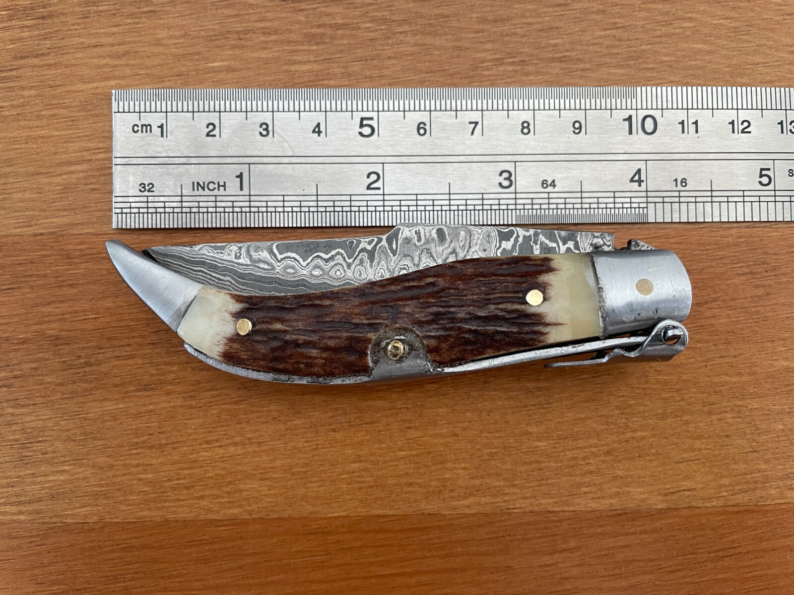 3.14” Spanish Navaja Pocket Knife Damascus Steel Deer Antler Scales – US Seller