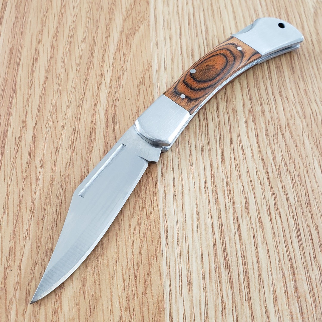 Lockback Folding Knife Stainless Steel Clip Point Blade Brown Pakkawood Handle