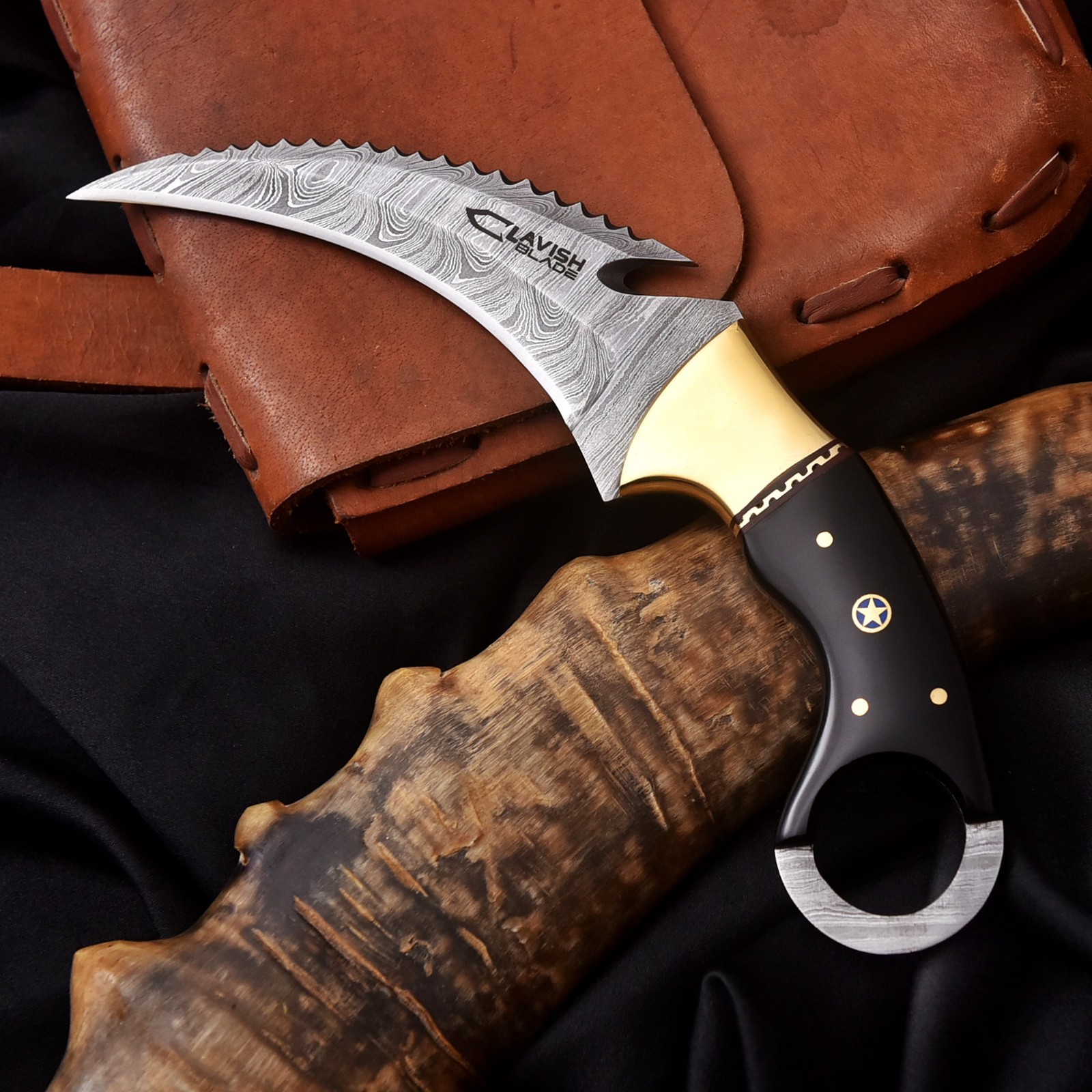 Handmade Damascus Karambit Hunting Knife Brass Resin handle with Sheath