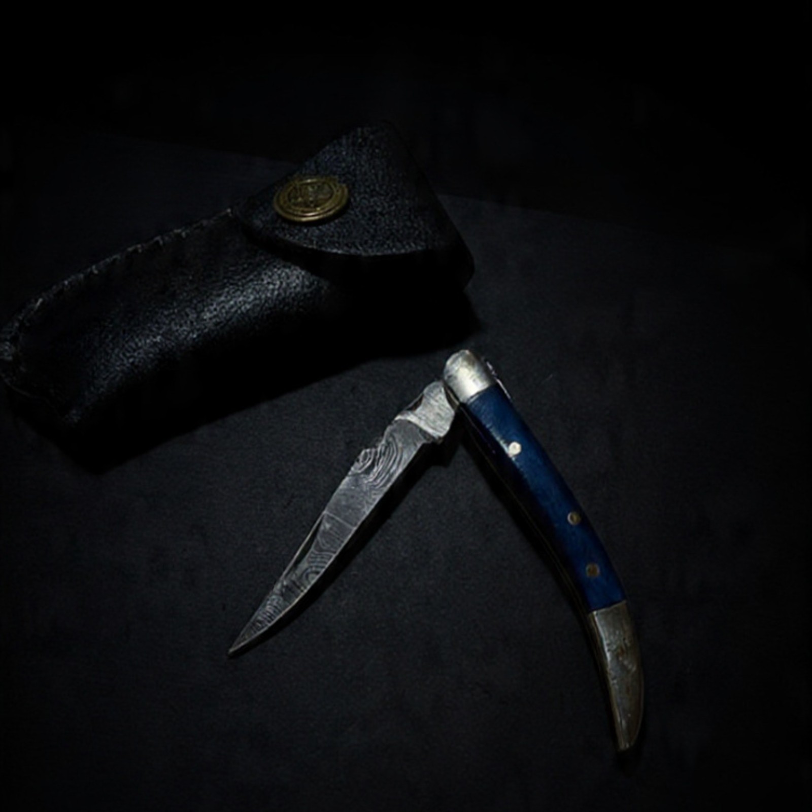 Damascus Steel Folding Knife Blue Bone EDC Pocket Folder with Leather Sheath