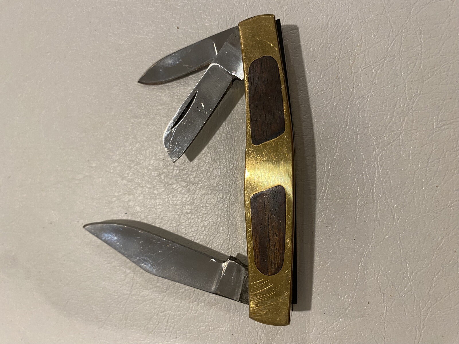Vintage 3 Blades Knife Brass And Wood Nice
