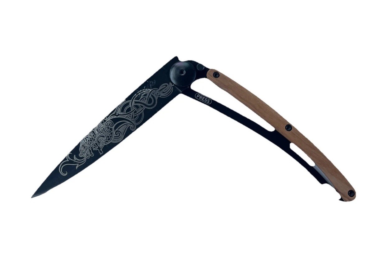 Deejo Knife Olive Wood Dragon 37G Ultra Light Z40C13 StainlessSteel Open Box