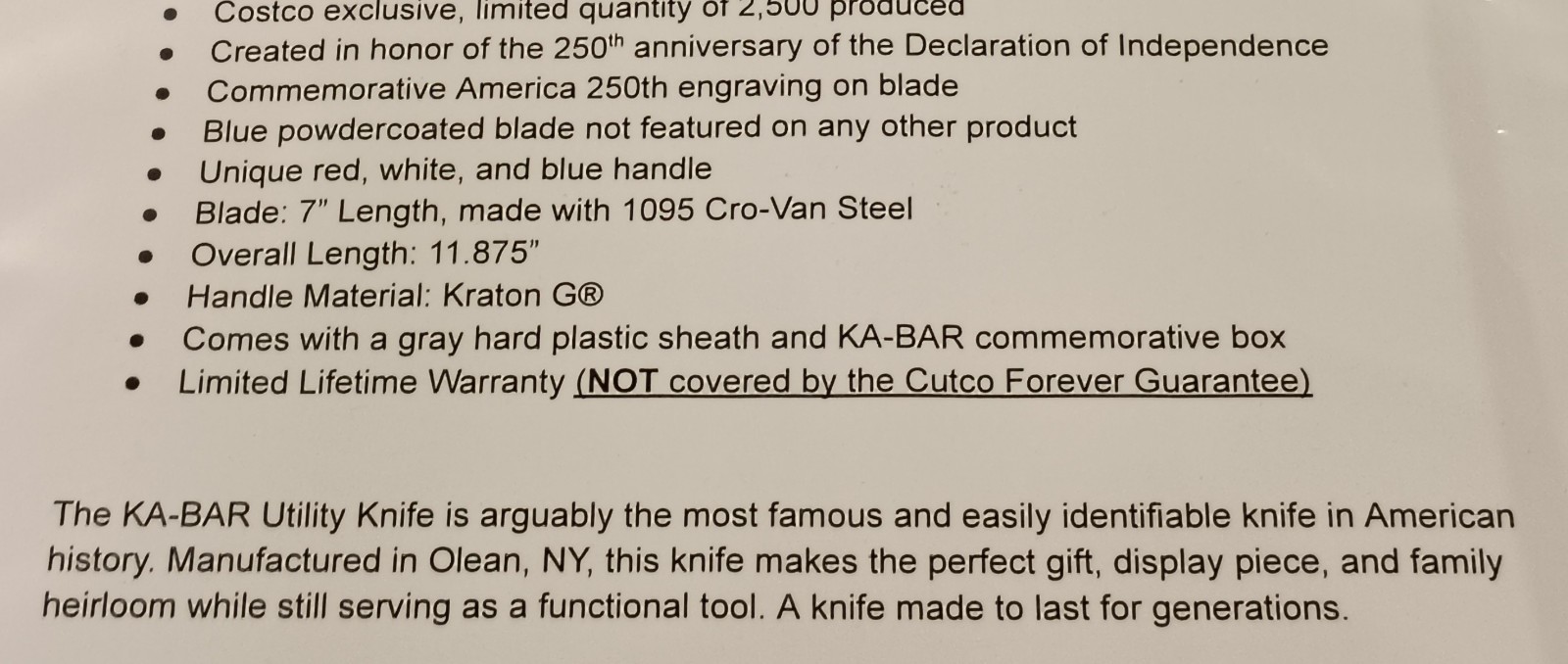 KA-BAR 1776-2026 250th Anniversary Limited Edition Knife 1 of 2500 Cutco Costco
