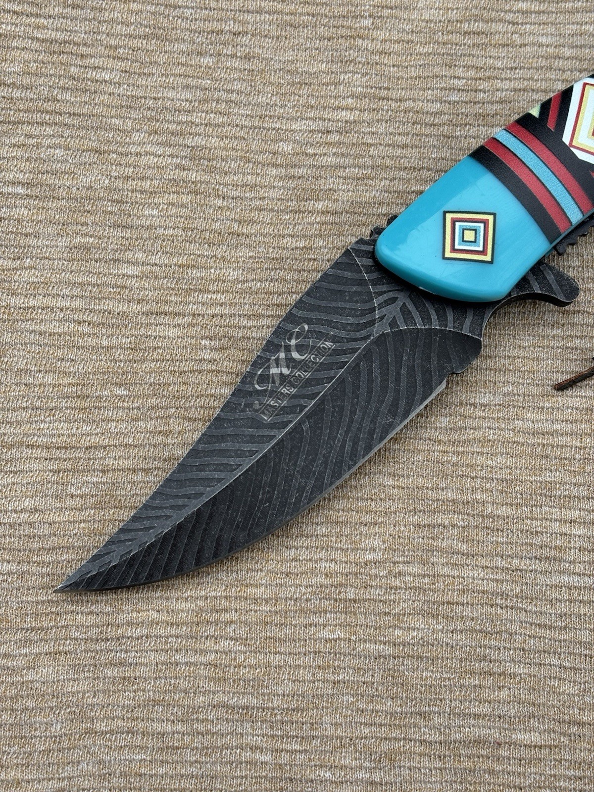 Western Style Pocket Knife Spring Assist Feather Navajo Blue Lanyard Beads