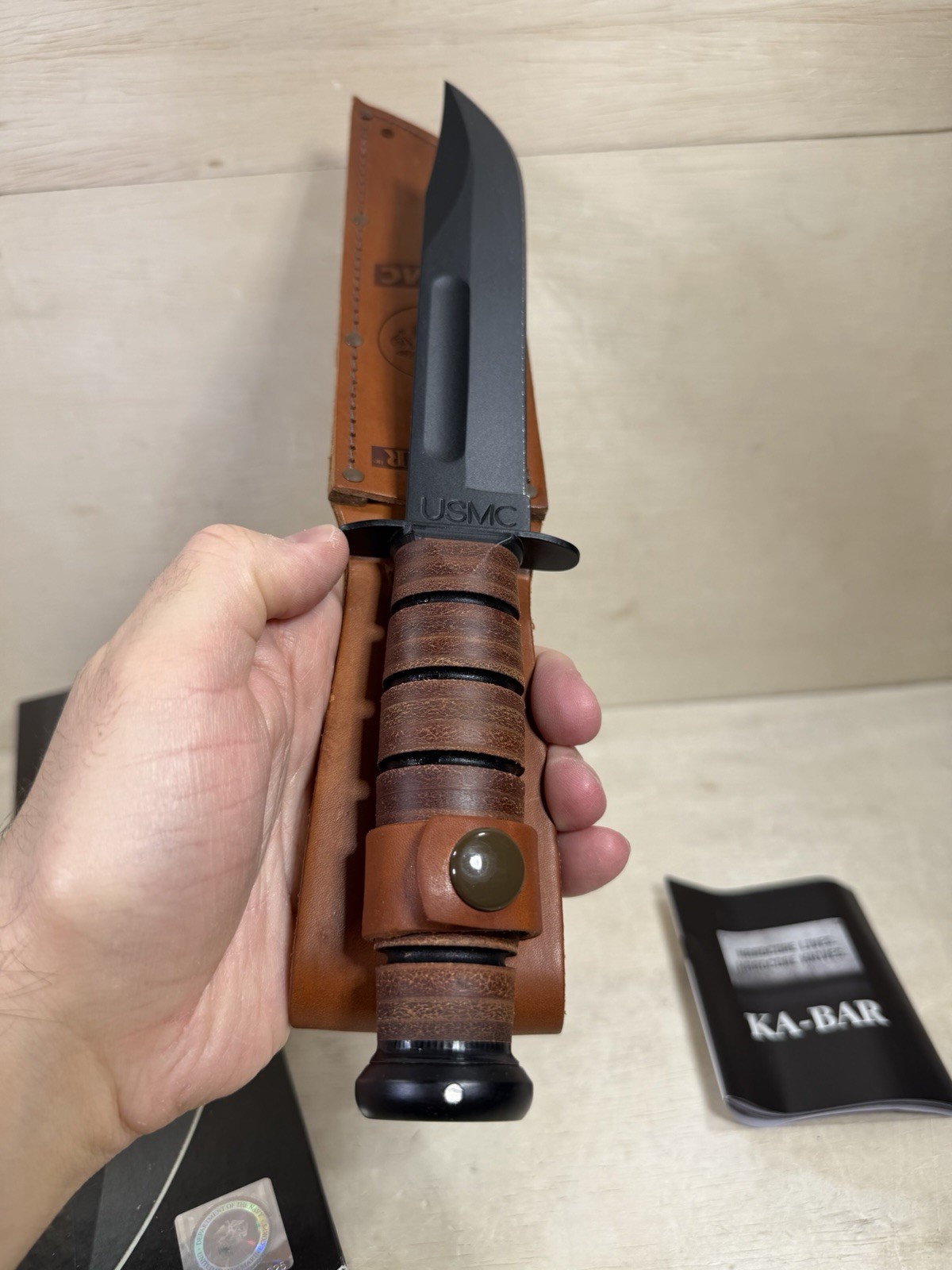 Vintage Ka-Bar Fixed Blade Knife w/ Leather Sheath USMC Marines Miltary