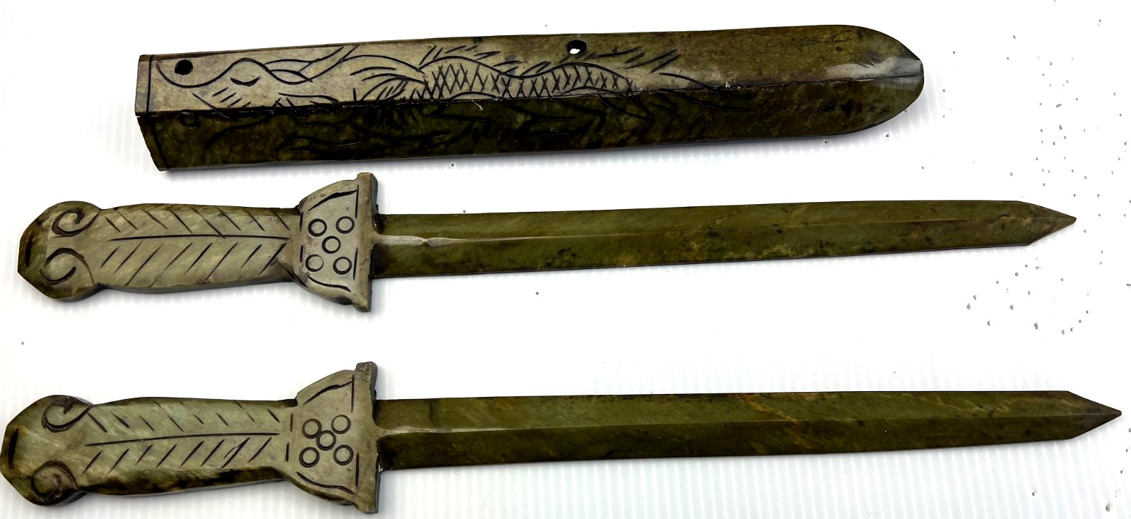 Carved Chinese Jade Double Sword w Sheath Antique Vintage China