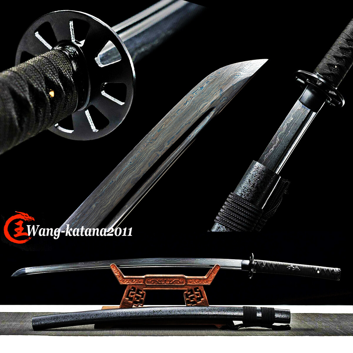 All Black Katana Damuscus Folded T10 Steel Functional Japanese Samurai Sword