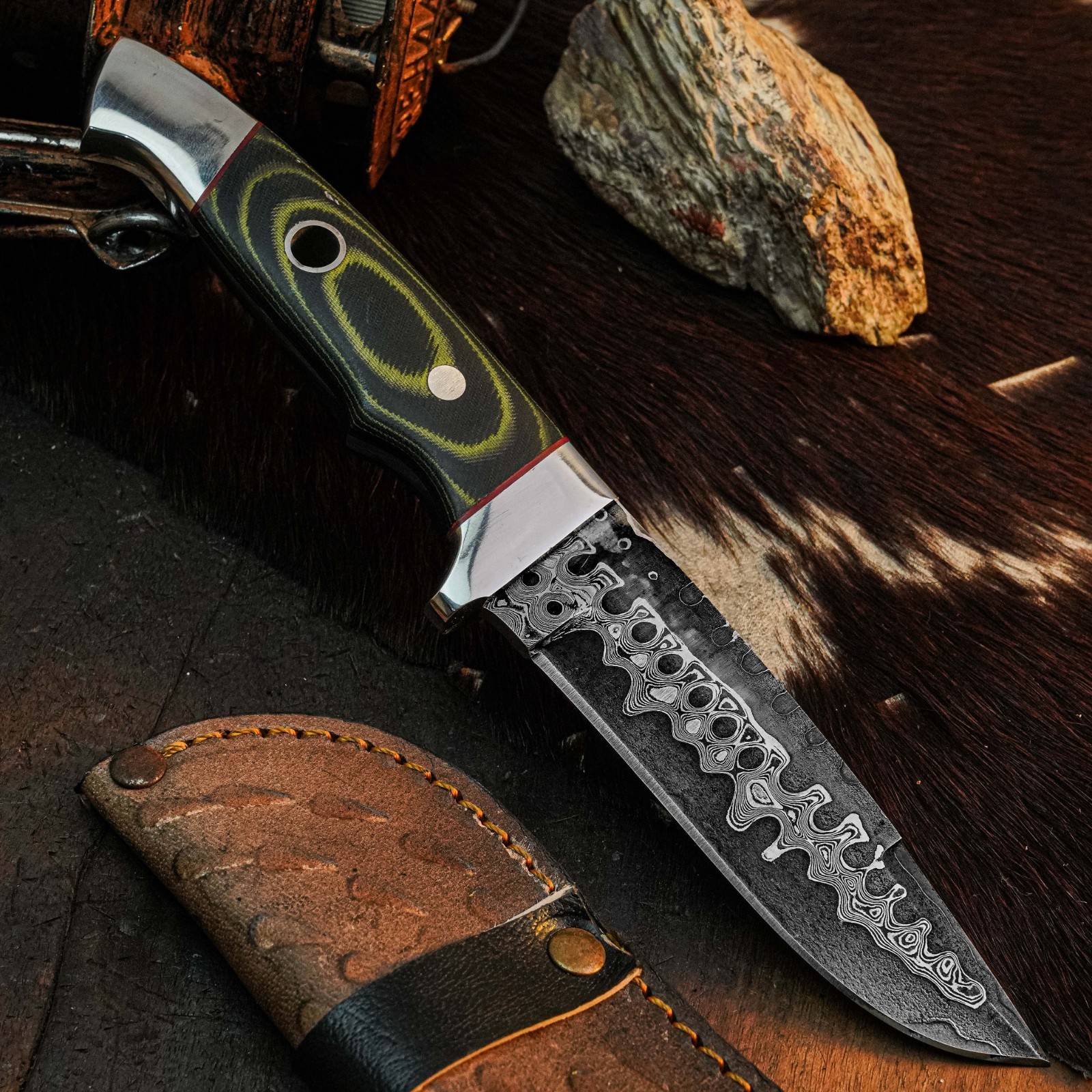 8.8″ Clip Point Knife Damascus Steel Hunting EDC Full Tang Blade Micarta Handle