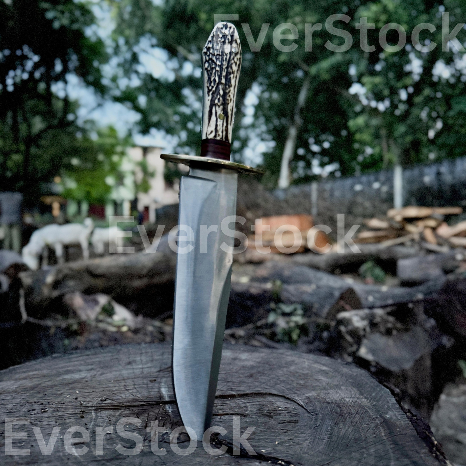 HANDMADE COFFIN HANDLE BOWIE HUNTING KNIFE WITH ANTLER HANDLE WITH LEATHER SHETH