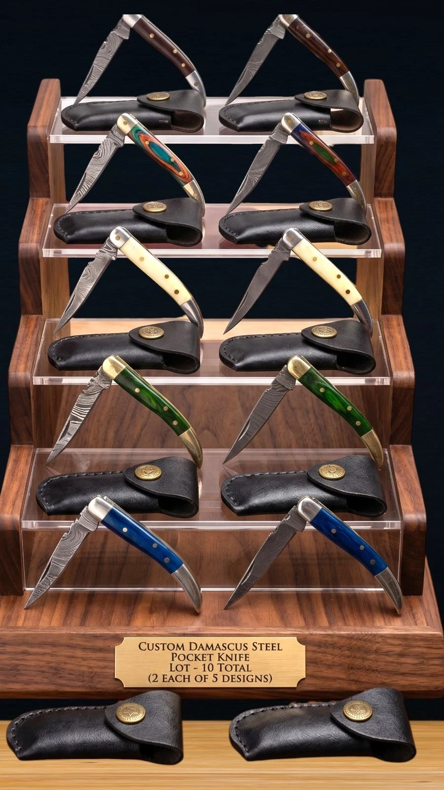 10x Damascus Folding Knife Lot Custom Pocket Knives Bone Wood Handle with Sheath