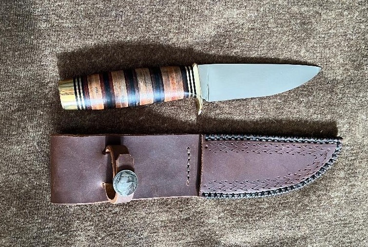 Handmade Straight Edge Hunting Knife: 440c Stainless Steel, Stacked Leather Grip