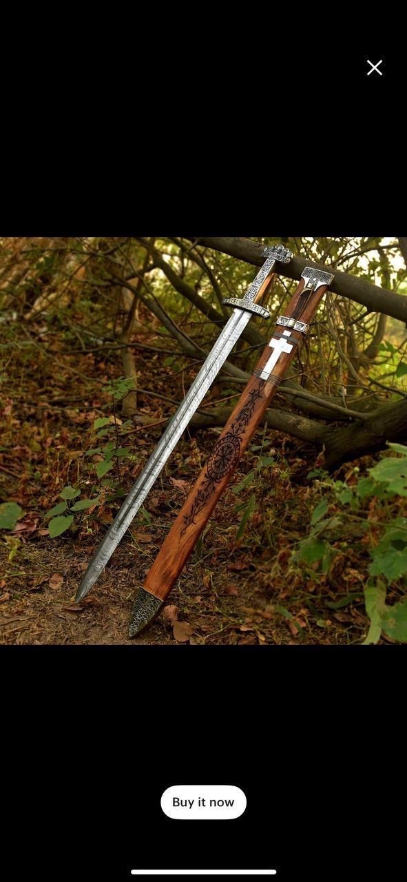 Handmade Viking Longsword Damascus Steel Medieval Sword w/ Wooden Scabbard