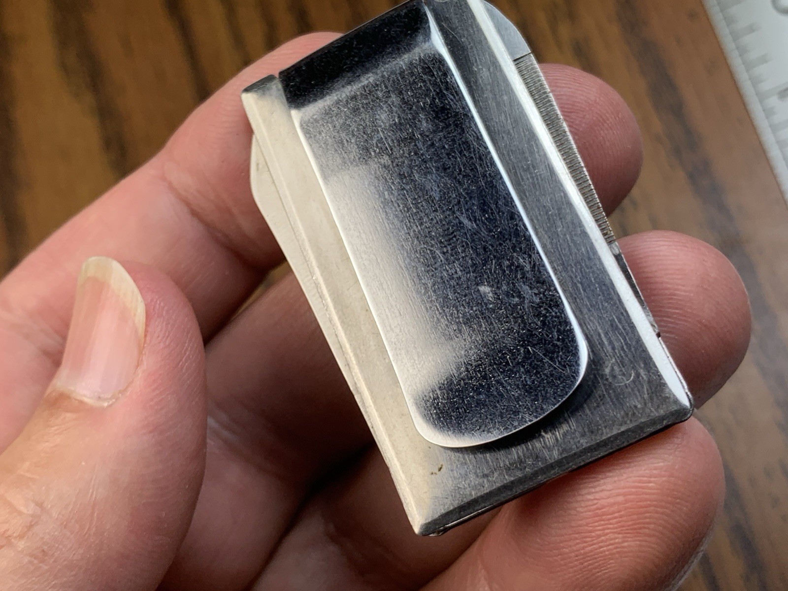 Vintage Stainless Steel Money Clip, w/Knife & Mail File & Polished Mirror Back