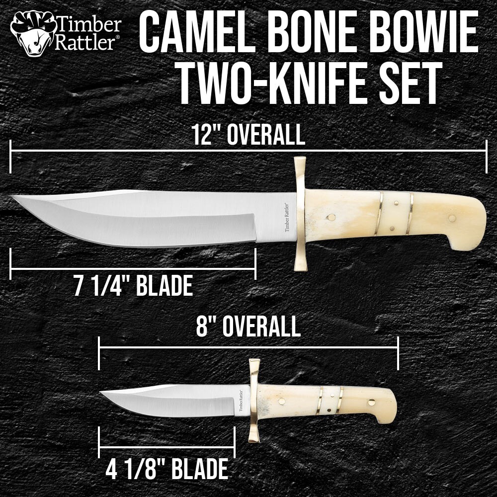 Timber Rattler 2-Piece Bowie Knife Set | Camel Bone Handles | 12″ and 8″ Overall