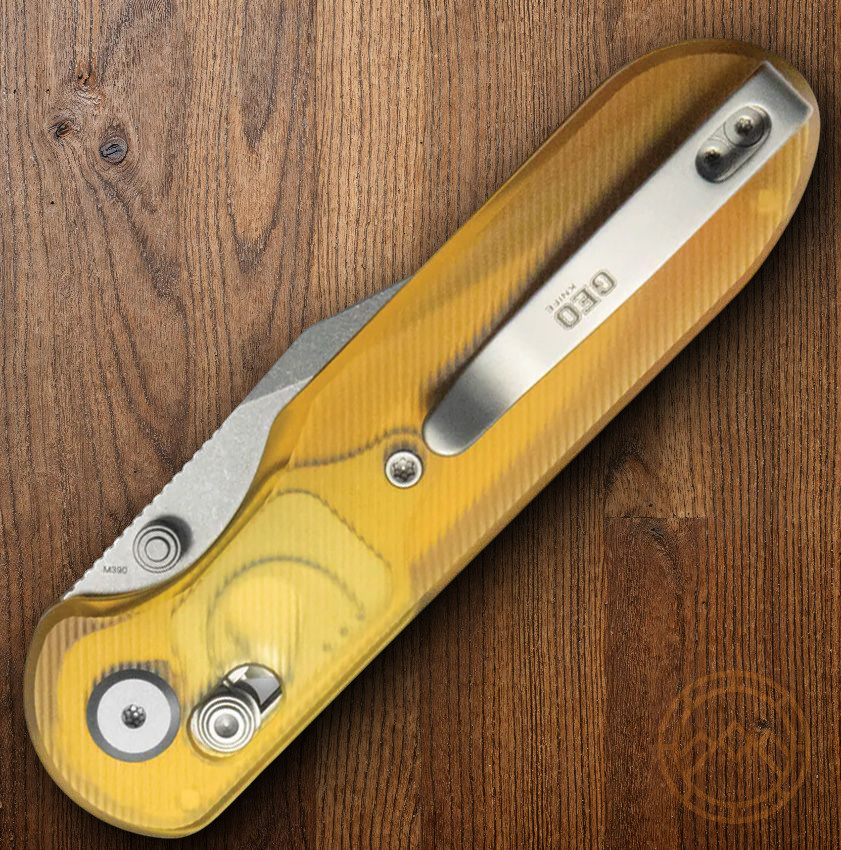 GEO Knife Ethereal Folding Knife 3″ Bohler M390 Steel Blade Amber Ultem Handle