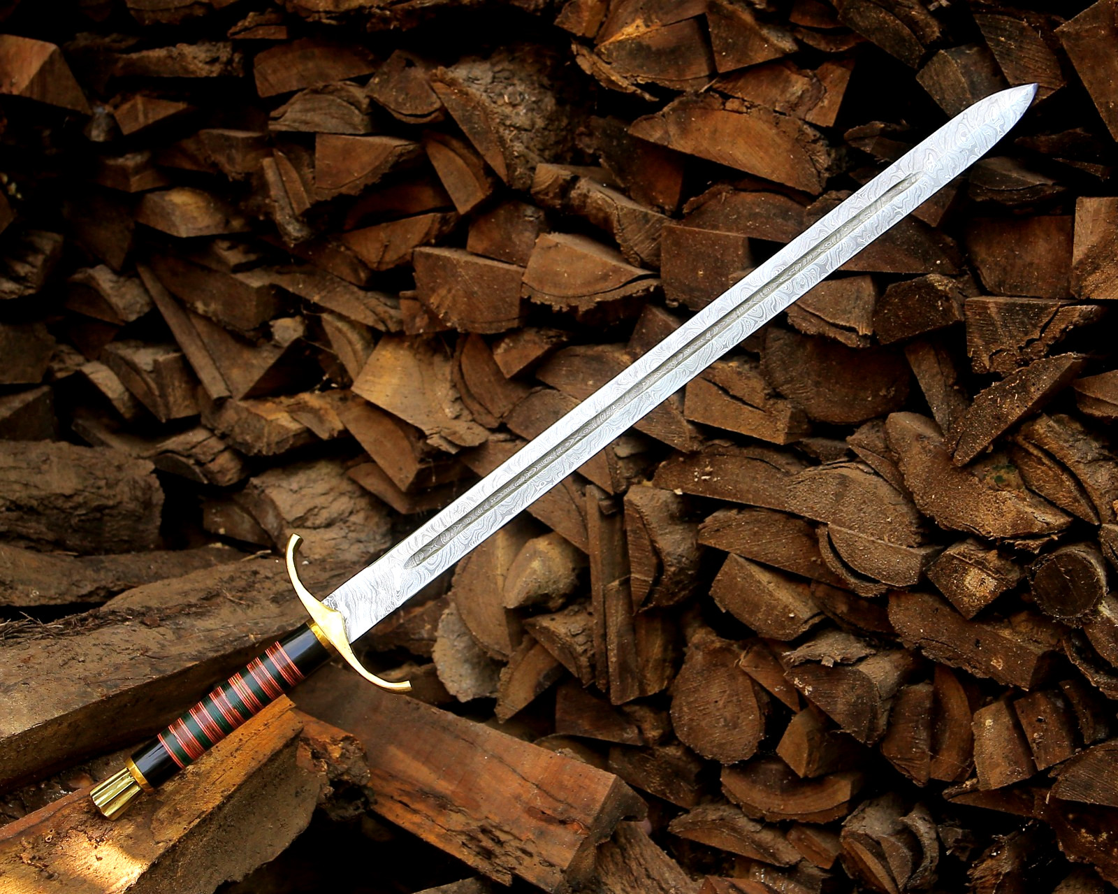 Hand Forged Damascus Steel Arming Sword Medieval Knight Collector Gift w/ Pouch.