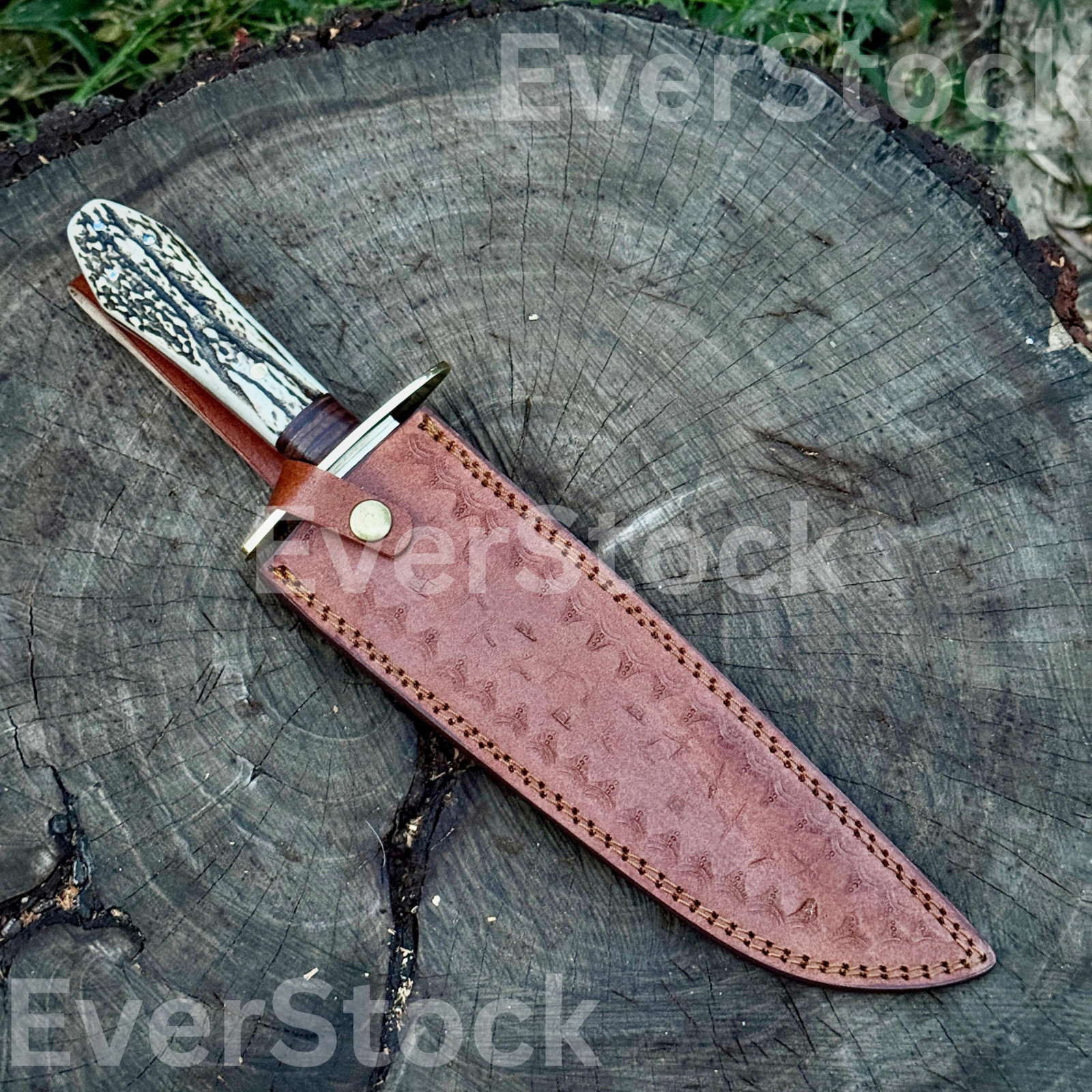 HANDMADE COFFIN HANDLE BOWIE HUNTING KNIFE WITH ANTLER HANDLE WITH LEATHER SHETH