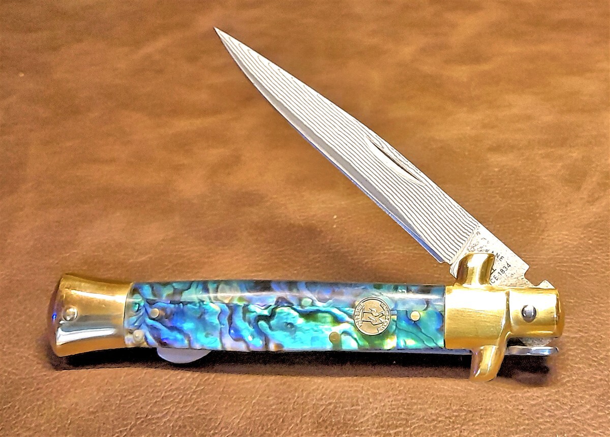 Kissing Crane Genuine Abalone Real Damascus Steel Stiletto Manual Pocket Knife