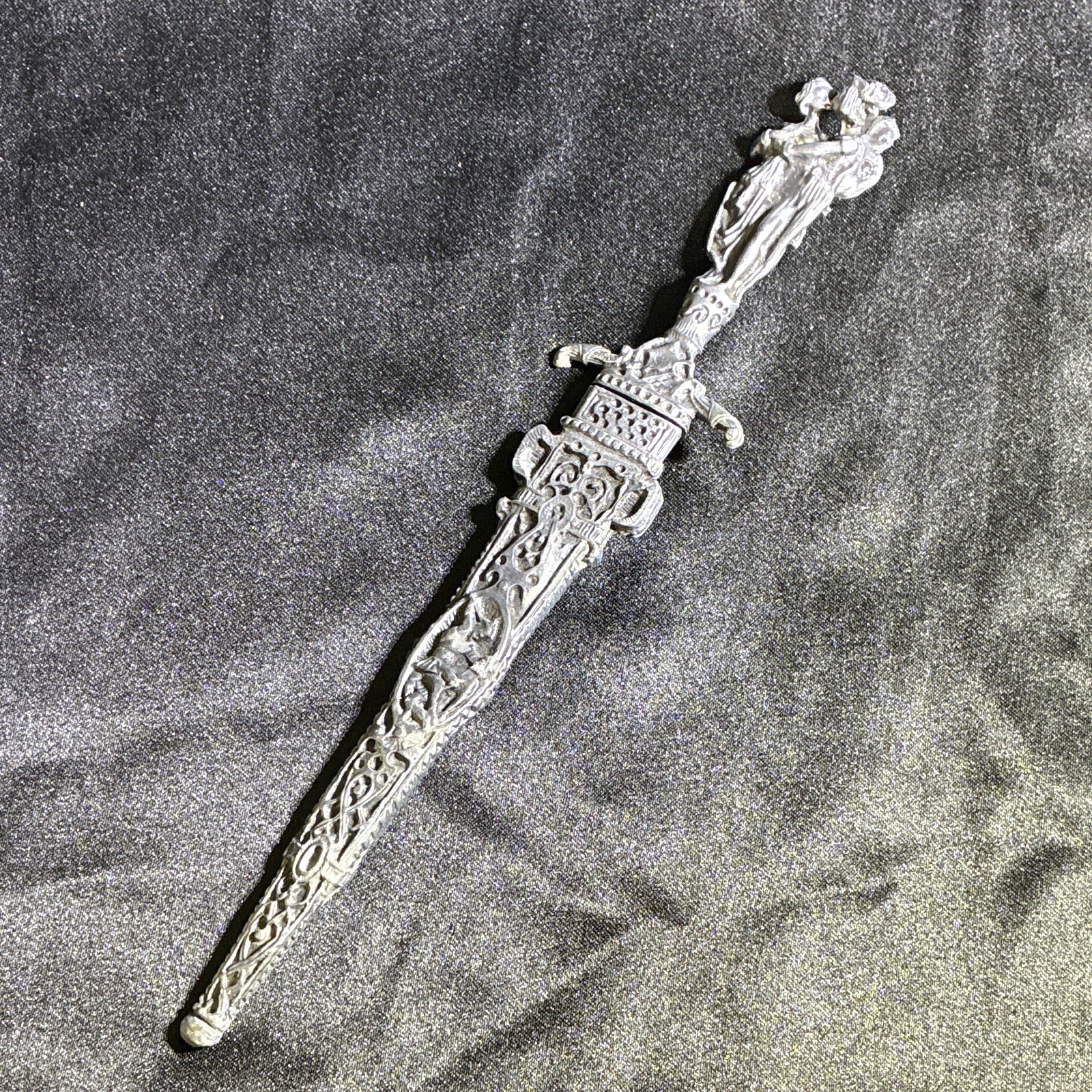 Silver Tone Ornate Decorative Dagger w/ Sheath, Double Edge Metal Blade