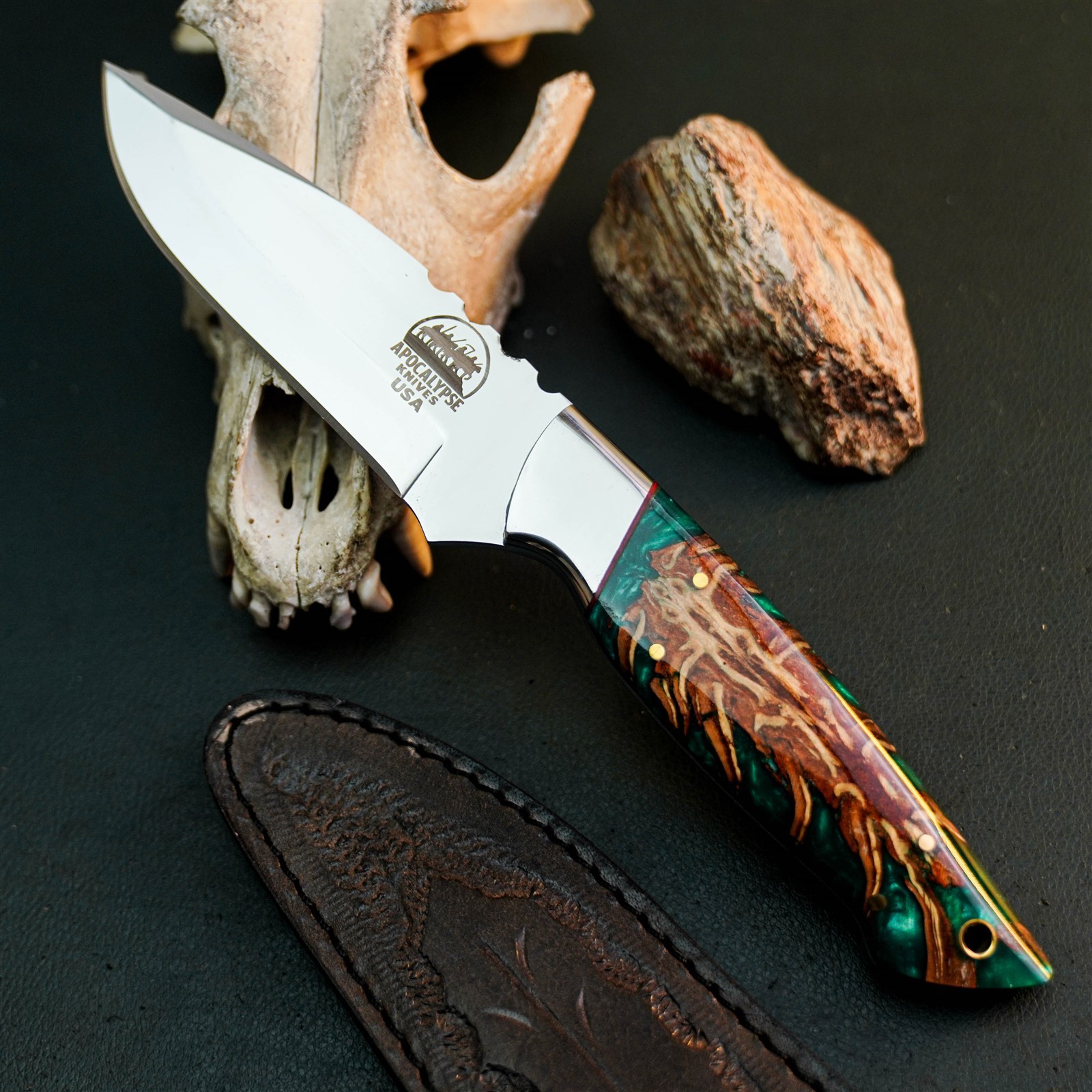 9.6″ Hunting EDC Stainless Knife Handmade Full Tang Resin Handle + Sheath