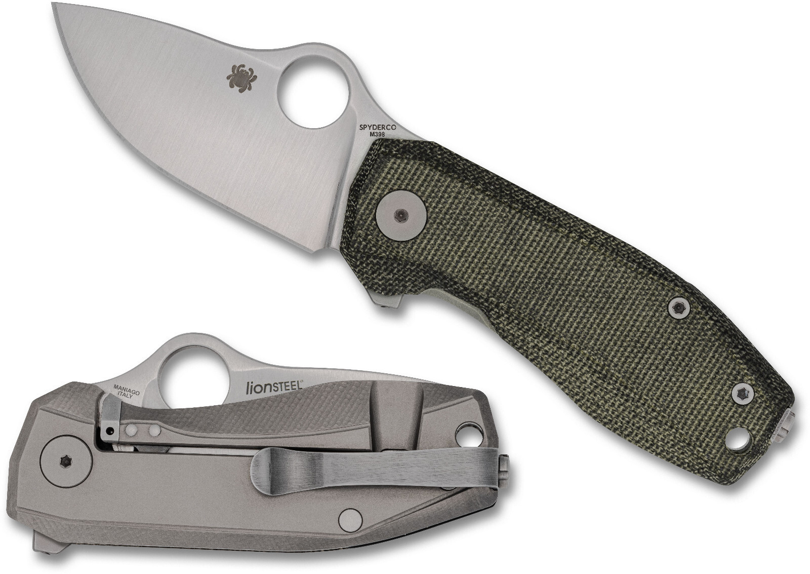SPYDERCO LIONSTEEL SPYNANO GREEN CANVAS MICARTA & TITANIUM M398 Steel C268MTIP