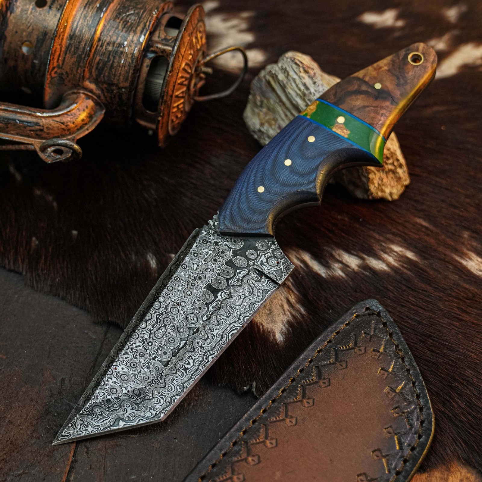 9.2″ Tanto EDC Knife Damascus Fixed Blade Wood Handle Full Tang + Sheath