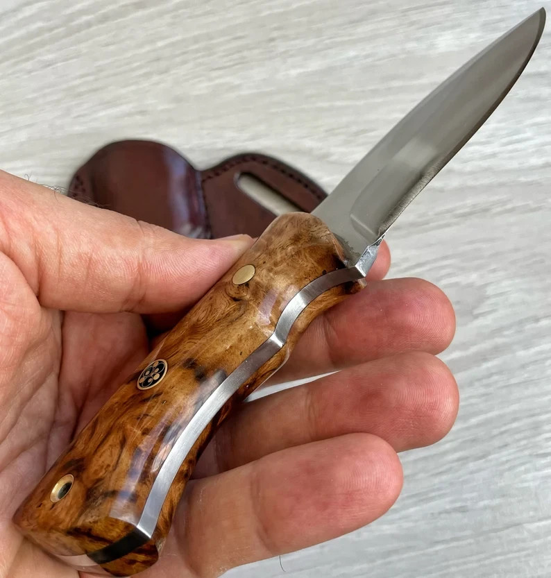 Hunting Knife 1075 Carbon Steel & Rosewood Handle Made Camping Knife with Leathe