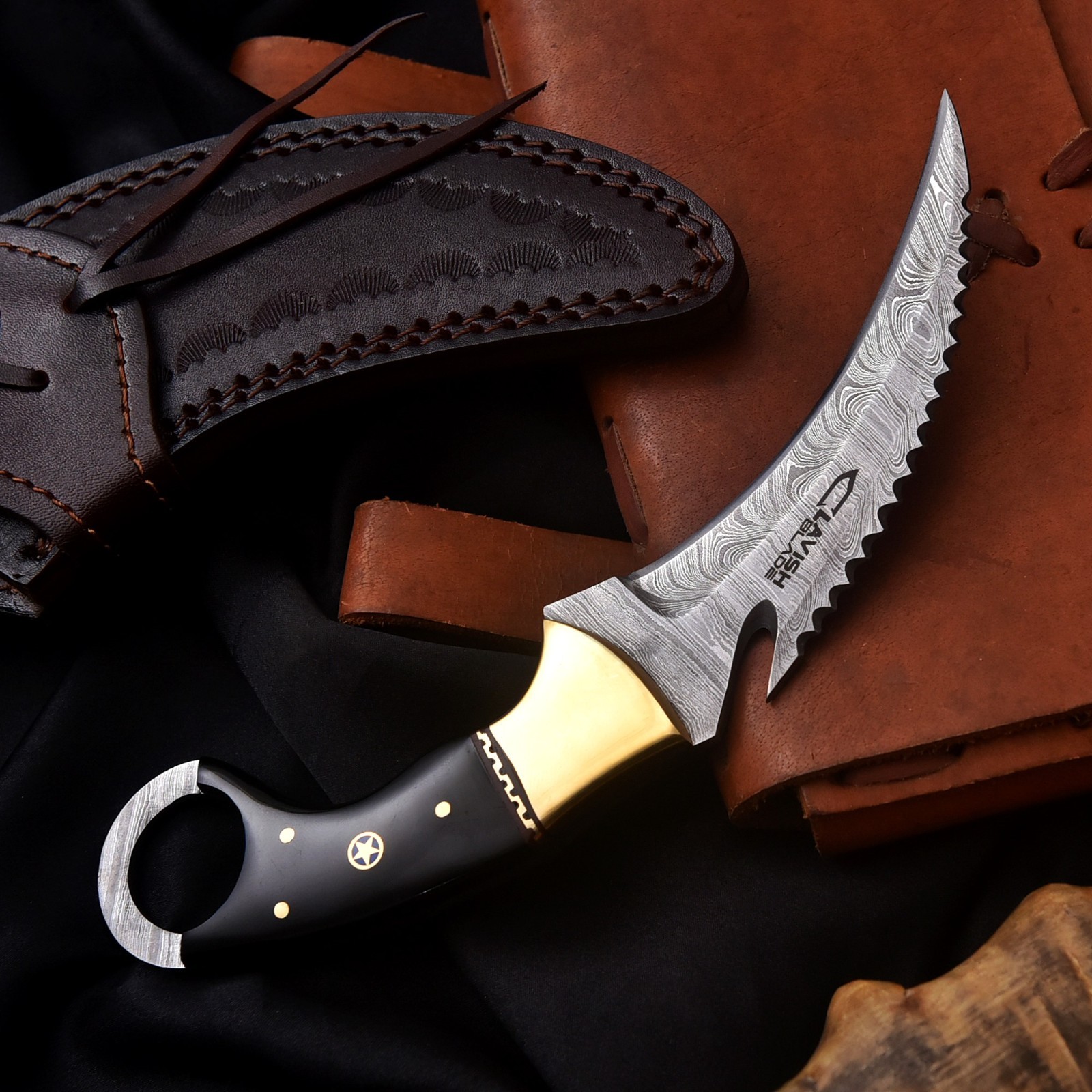 Handmade Damascus Karambit Hunting Knife Brass Resin handle with Sheath