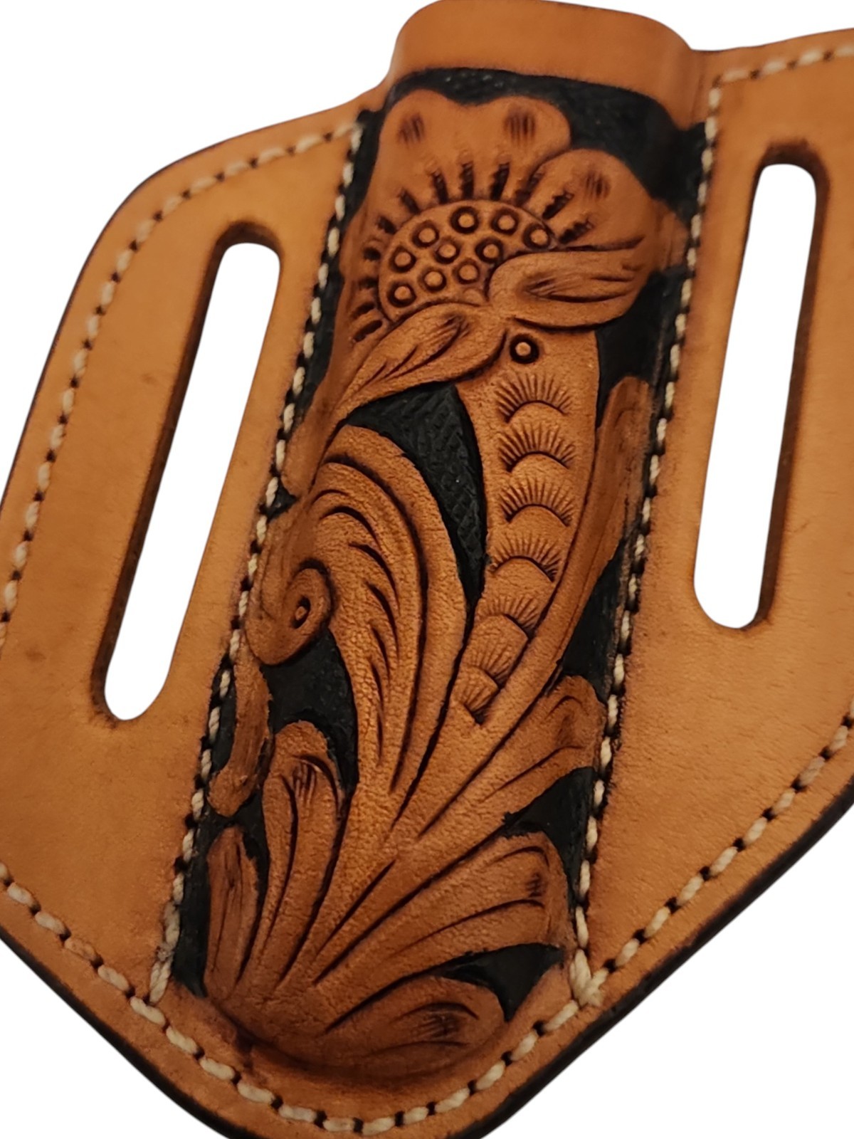 Western 4″ Tan Leather Trapper Folding Knife Sheath Vertical Carry Tooled