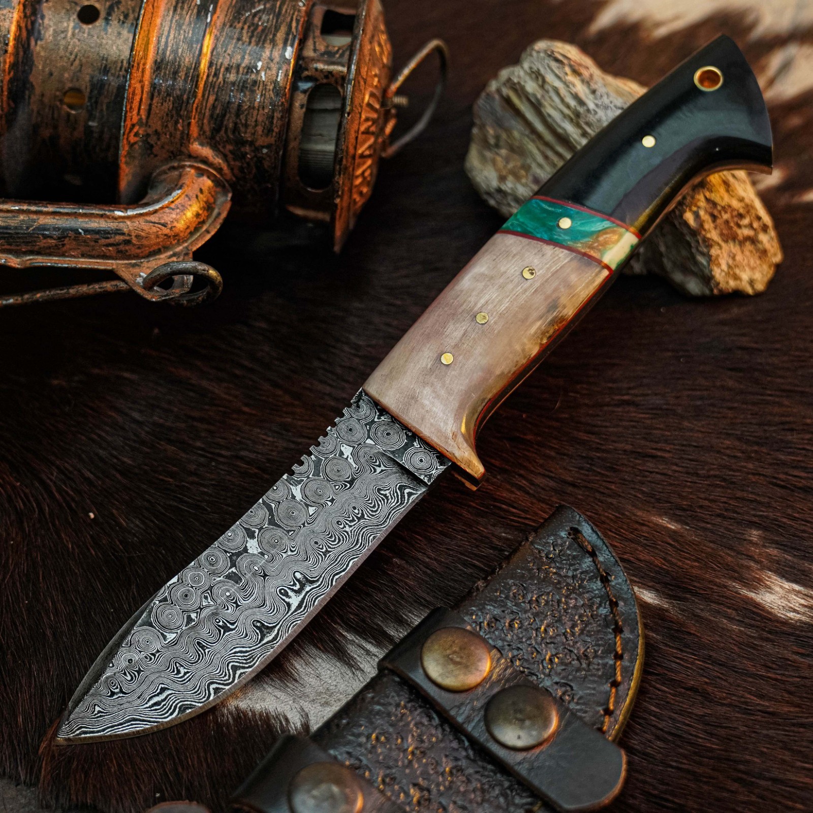 8.7″ Clip Point Knife Damascus Hunting EDC Full Tang Blade Hybrid Handle