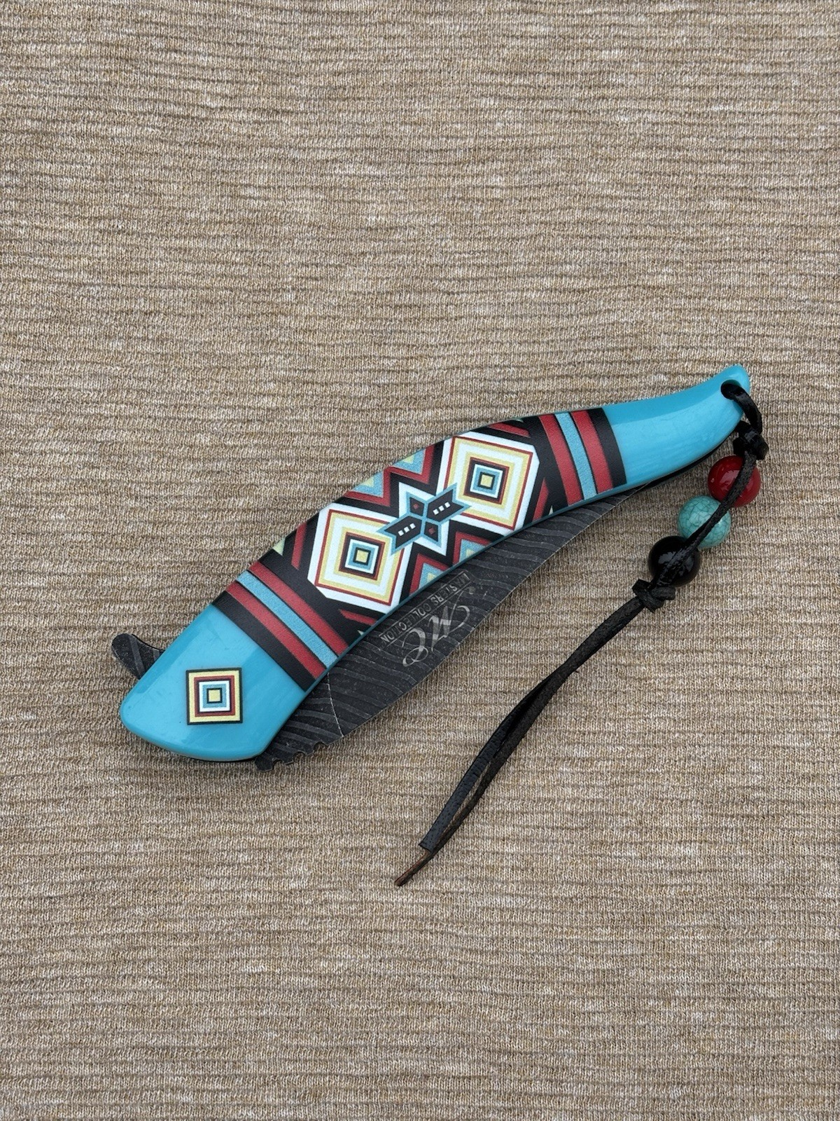 Western Style Pocket Knife Spring Assist Feather Navajo Blue Lanyard Beads