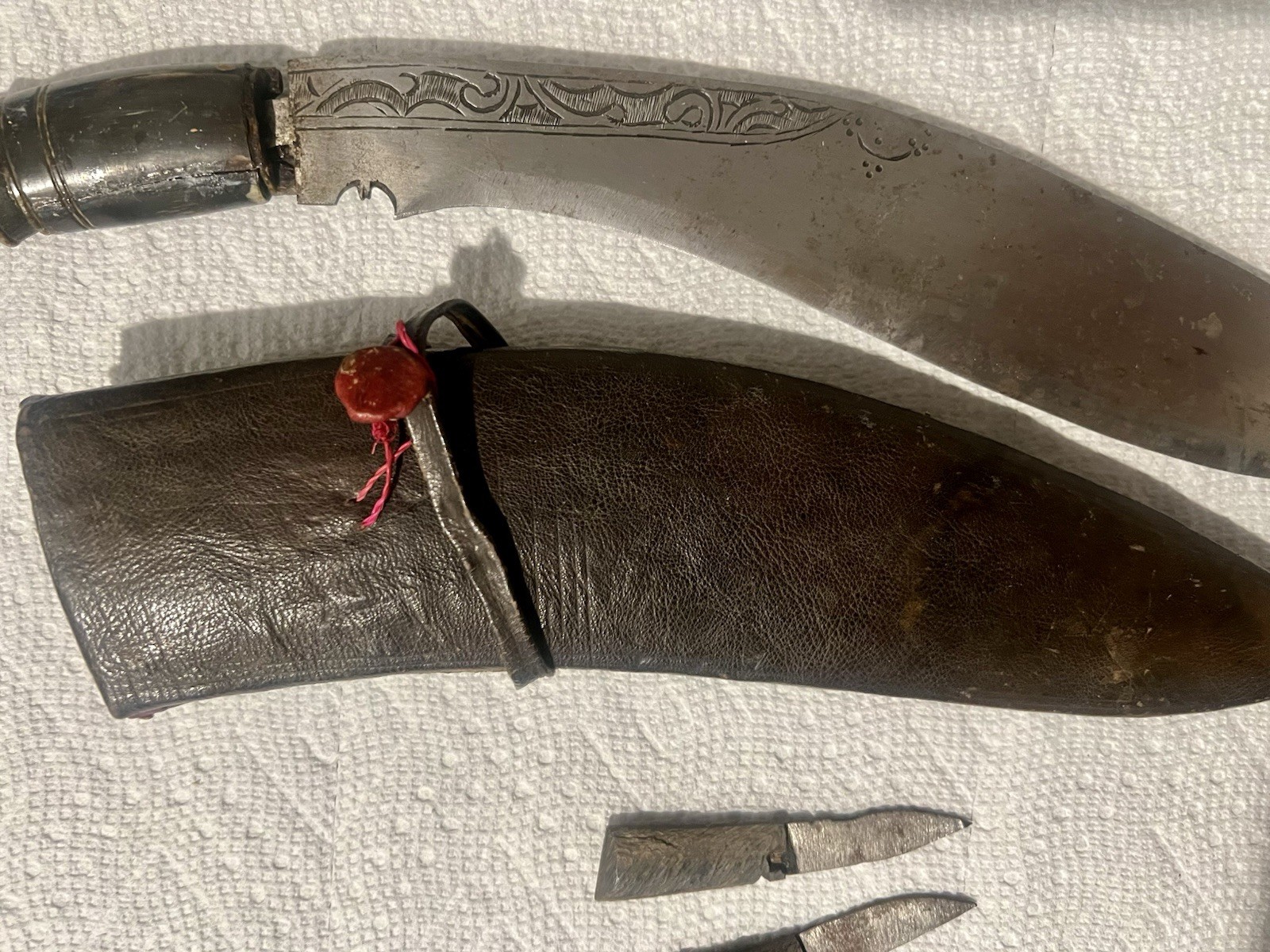 Antique Nepalese India Kukri With Horn Handle Scabbard, Karda, & Chakmak.