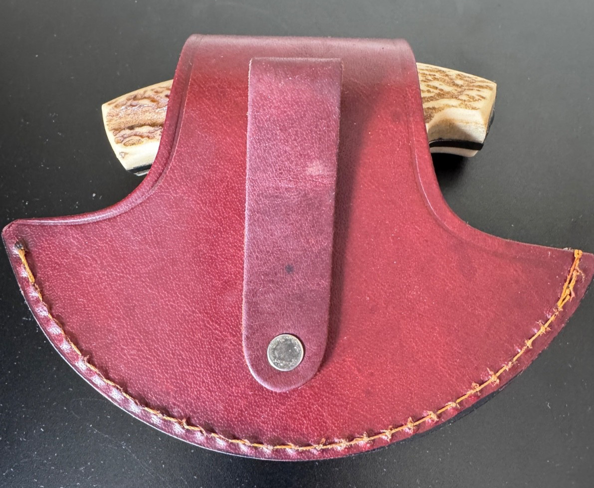 Ulu Rocker Knife Leather Bone/Antler Handle 5.5″ Damascus-style Steel Blade