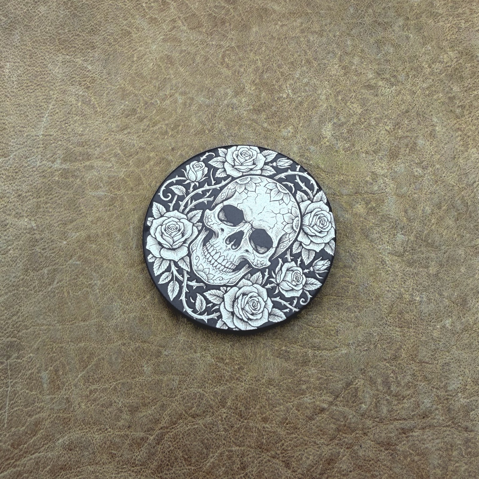 1.5 inch custom Titanium coin in Skull and Roses pattern ~ .15 inches thick