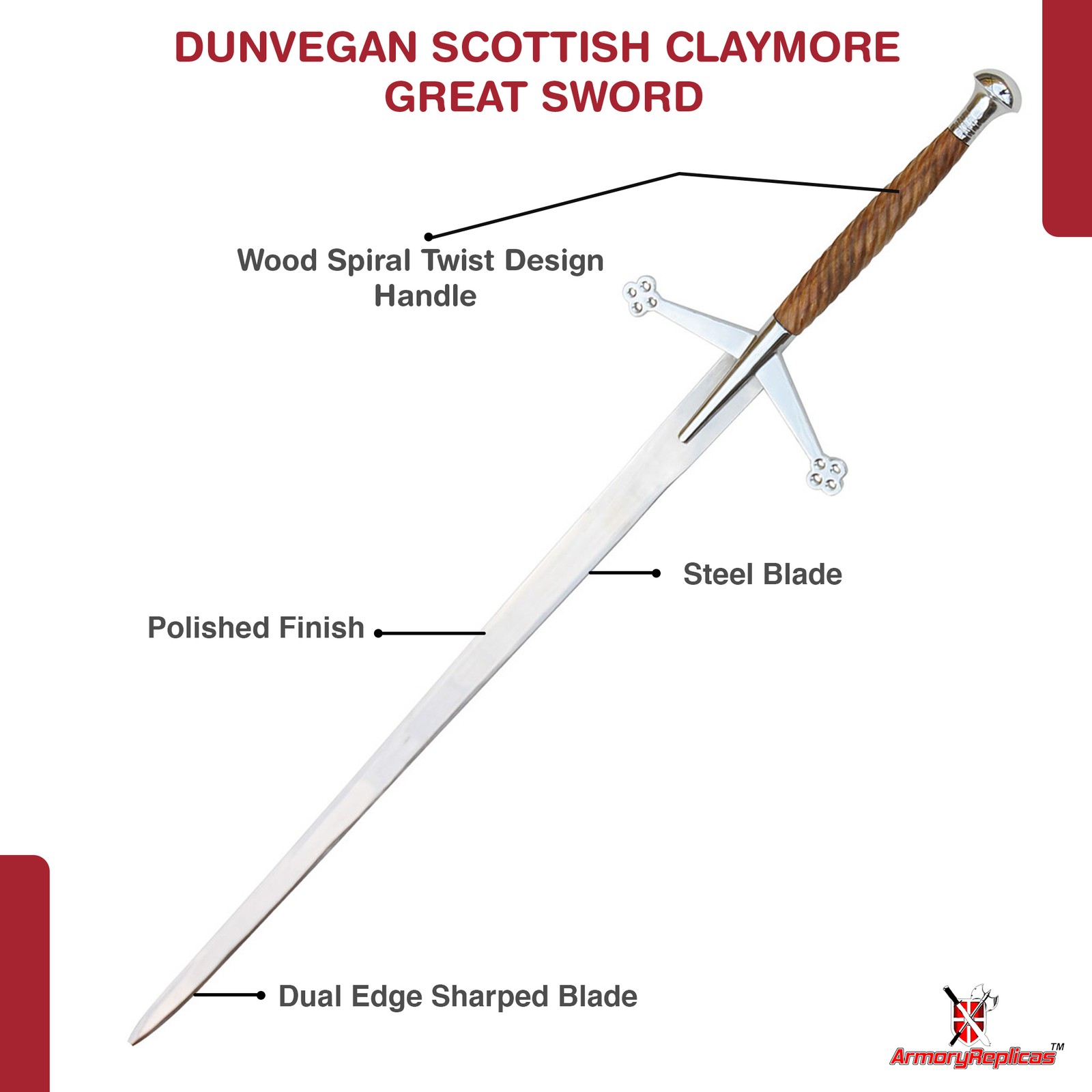 Clan Douglas Classic Scottish Claymore 50.75 Inch Longsword with Leather Sheath