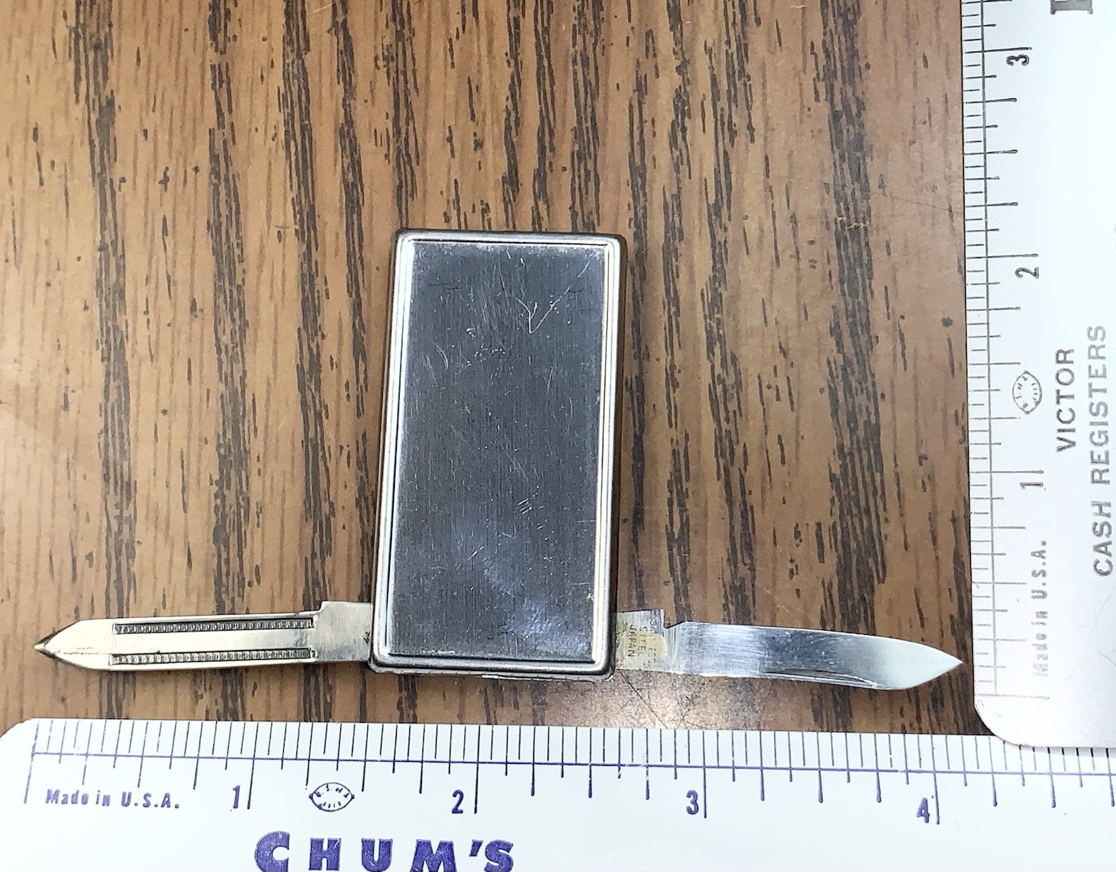 Vintage Stainless Steel Money Clip, w/Knife & Mail File & Polished Mirror Back