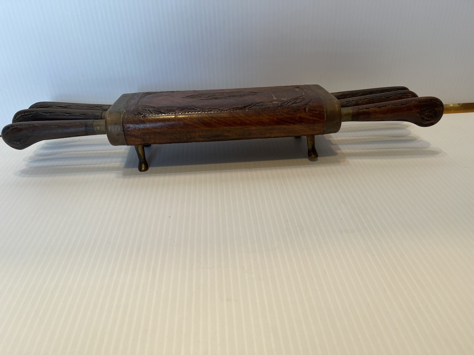 Antique Indian Hand Carved Wooden Case & Six Stainless Steel Wood Handle Knives.