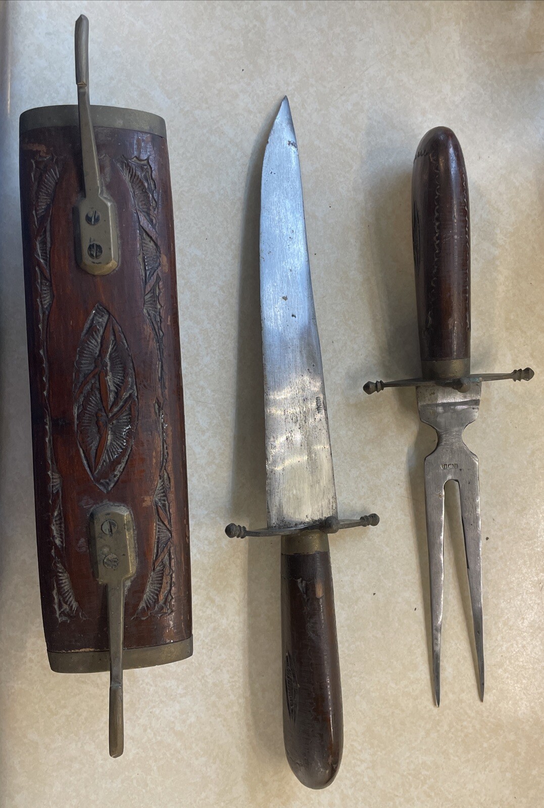 Vintage Indian Carving Knife and Fork set wooden carved wood and brass trim