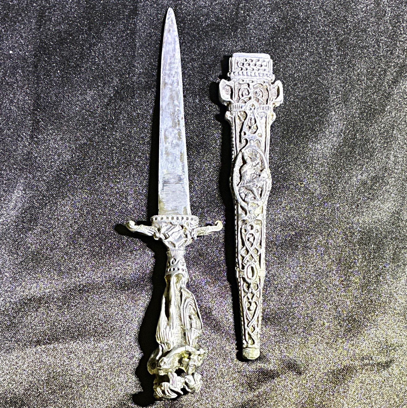 Silver Tone Ornate Decorative Dagger w/ Sheath, Double Edge Metal Blade