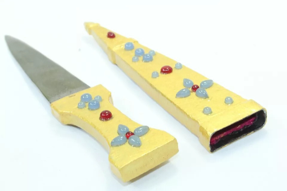 Dagger Knife Damascus Steel Blade Zircon Stone Natural Color Hand Painted G221
