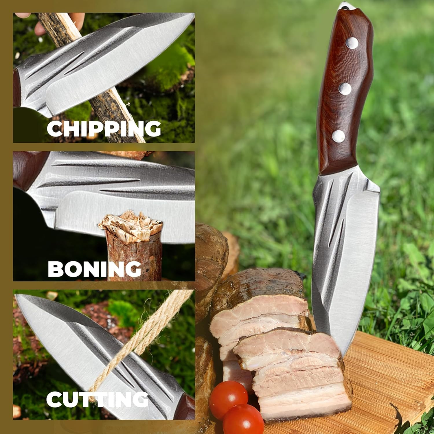 Pocket Fixed Blade Knife with Wood Handle and Leather Sheath for Camping, Outdoo