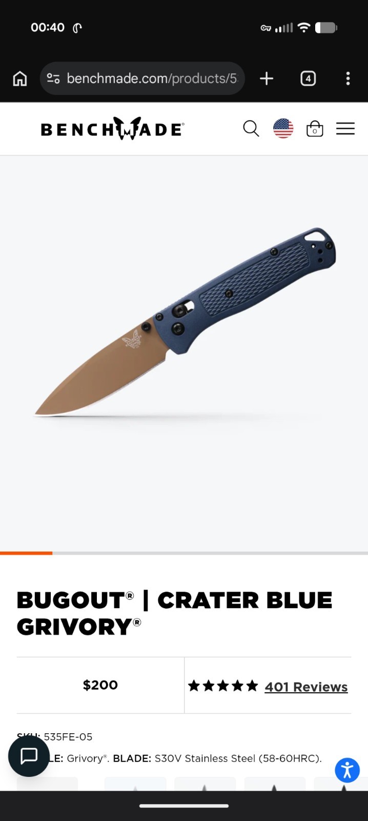 Benchmade Bugout 535FE-05 (100% Authentic) Blue Grivory S30V Axis Drop Point