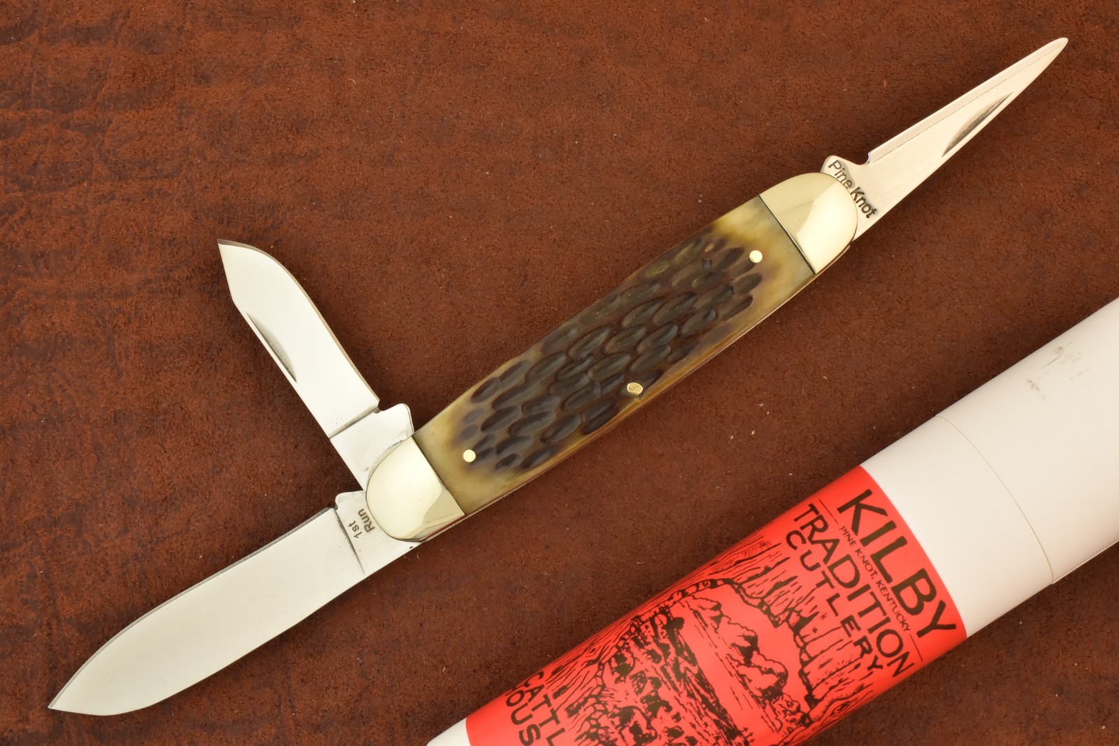 KILBY TRADITION PINE KNOT KY ANTIQUE BONE CATTLE OF A THOUSAND HILLS STOCK KNIFE