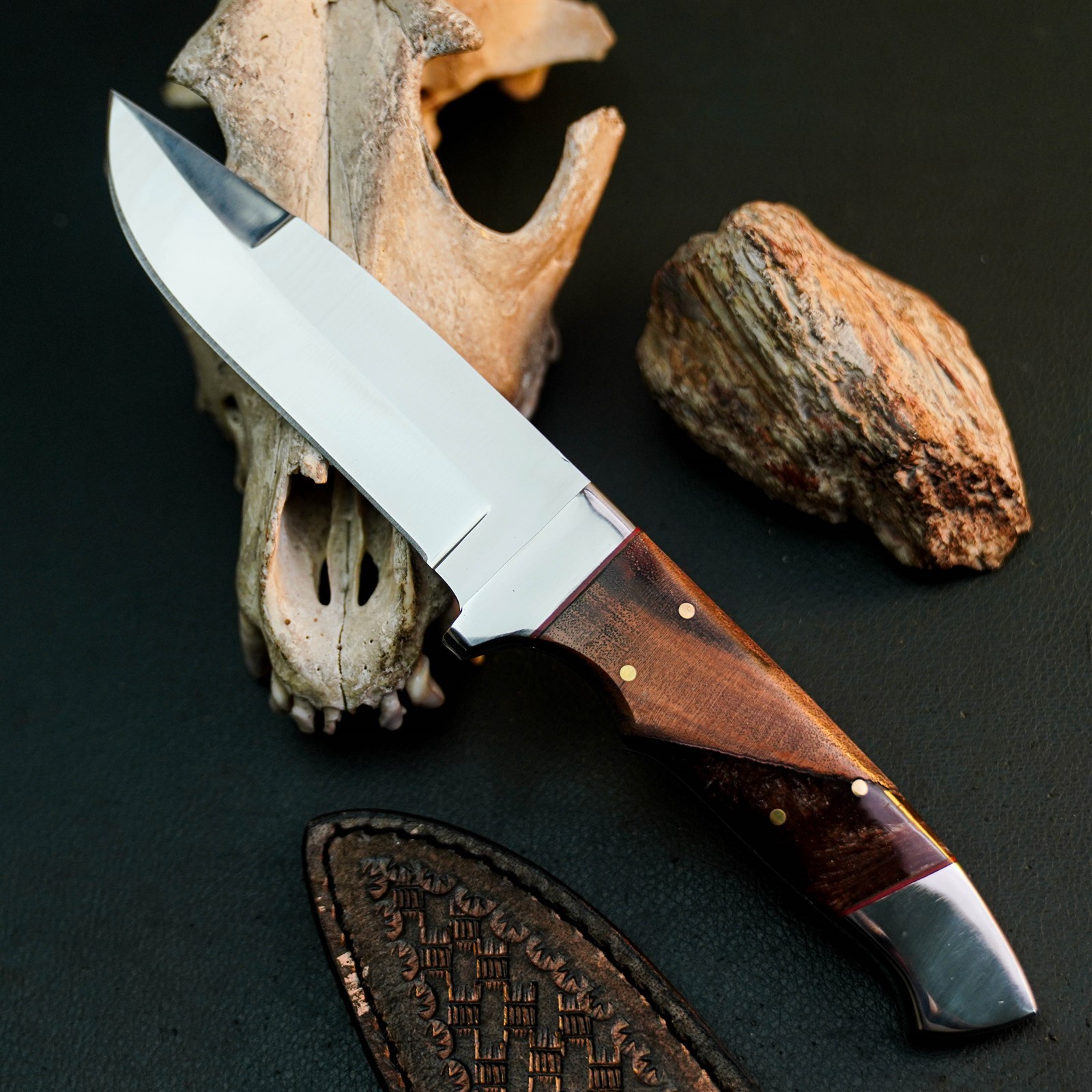 8.8″ Hunting EDC Stainless Knife Handmade Full Tang Wood Handle + Sheath