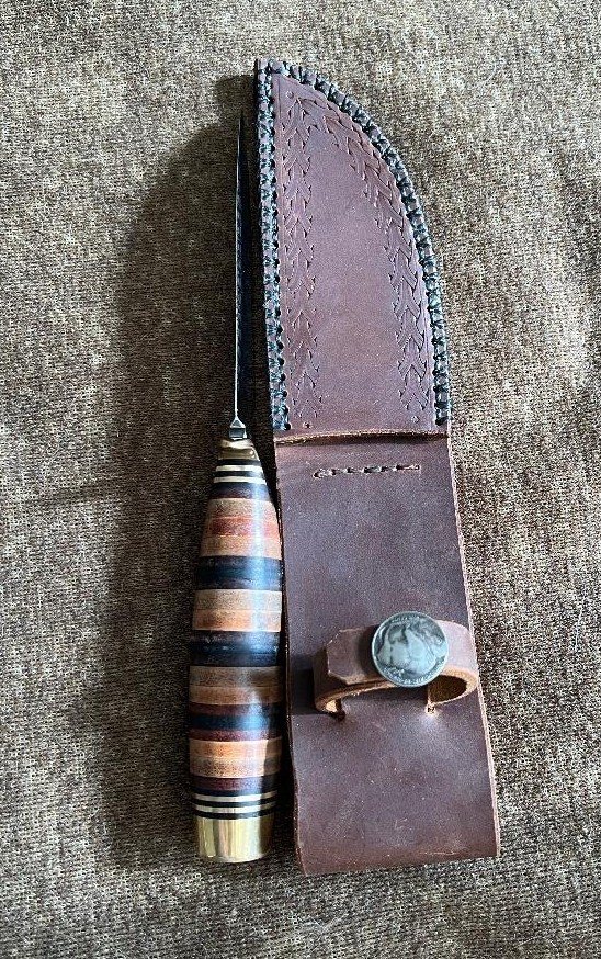 Handmade Straight Edge Hunting Knife: 440c Stainless Steel, Stacked Leather Grip